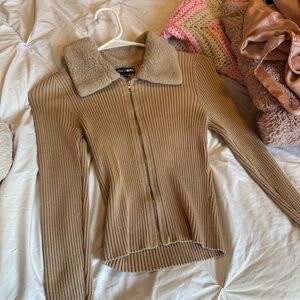 Fashion Nova Camel Ribbed Sweater with Faux Fur Collar